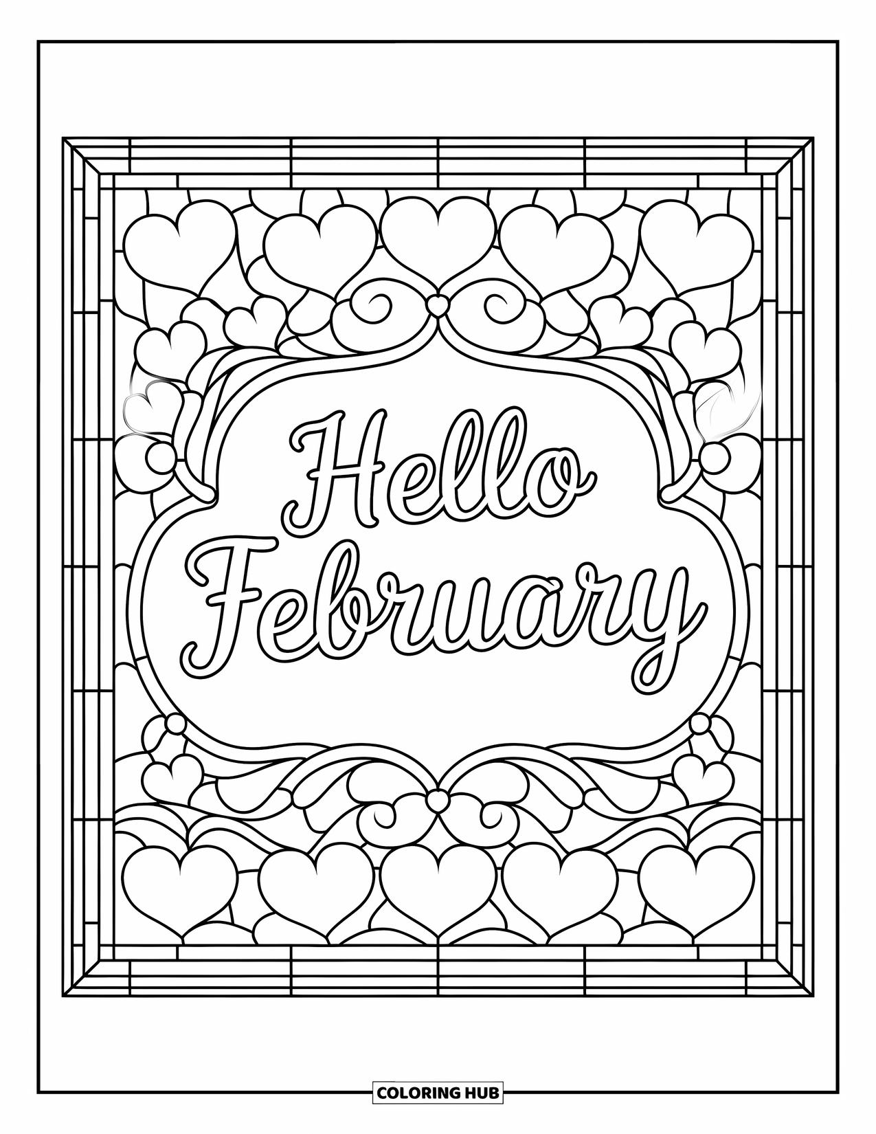 February Coloring Page for Adults: Hello February design with heart-filled stained glass details