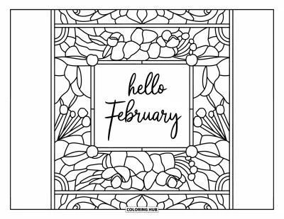 Coloriage de février pour adultes : Hello February encadré de primevères et d'améthystes dans un motif de vitrail