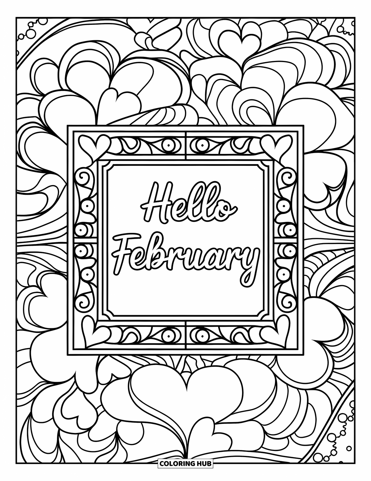 February Coloring Page for Adults: Hello February text framed by swirly hearts in a stained glass design
