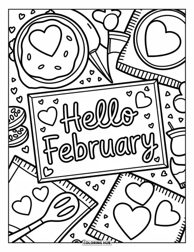 Coloriage de février pour adultes : Table de cuisine avec des biscuits, des outils de glaçage et une enseigne en bois « Hello February »