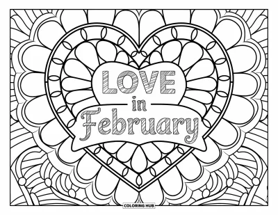 Coloriage de février pour adultes : Citation sur l'amour en février encadrée de cœurs en vitrail et de motifs complexes