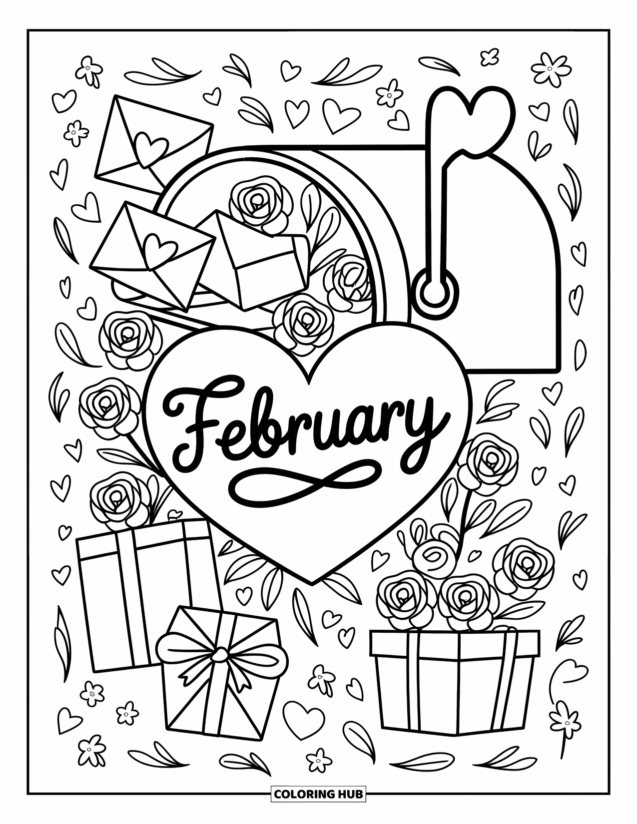 February Coloring Page for Adults: Mailbox filled with roses, gifts, and a heart card labeled "February"