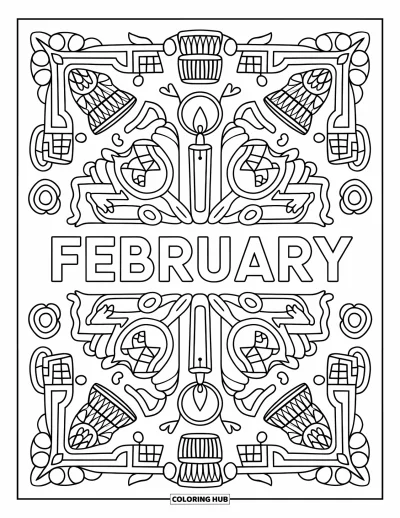 Coloriage de février pour adultes : Mandala de bougies et de mitaines encadrant le mot February