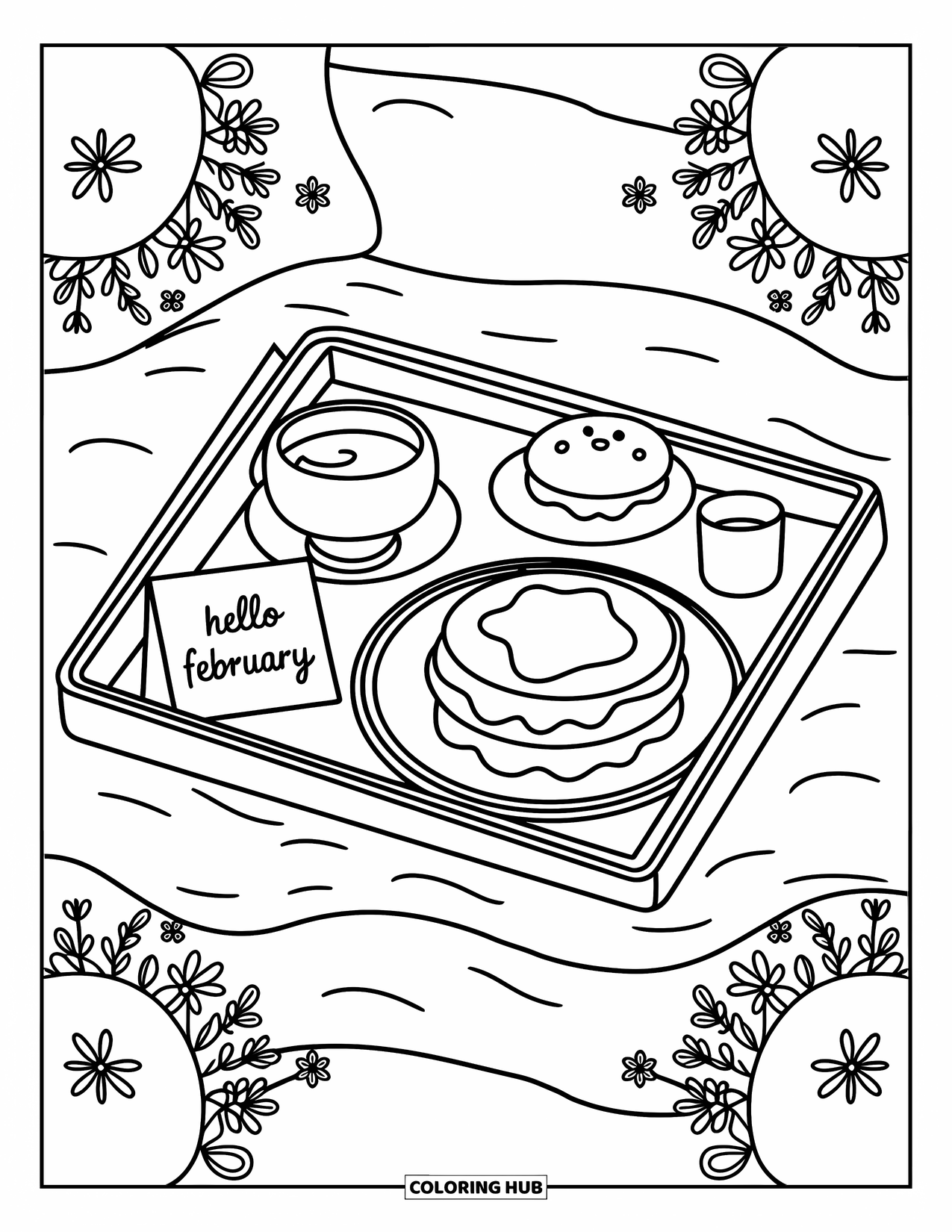 February Coloring Page for Adults: Pancakes and a sweet note rest on a tray with cozy details