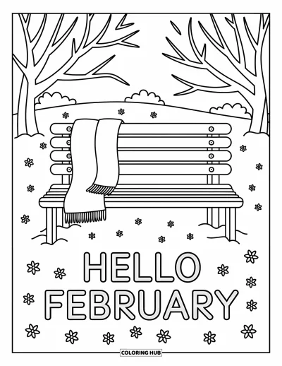 Coloriage de février pour adultes : Des pétales, une écharpe et « Hello February » décorent un banc de parc paisible