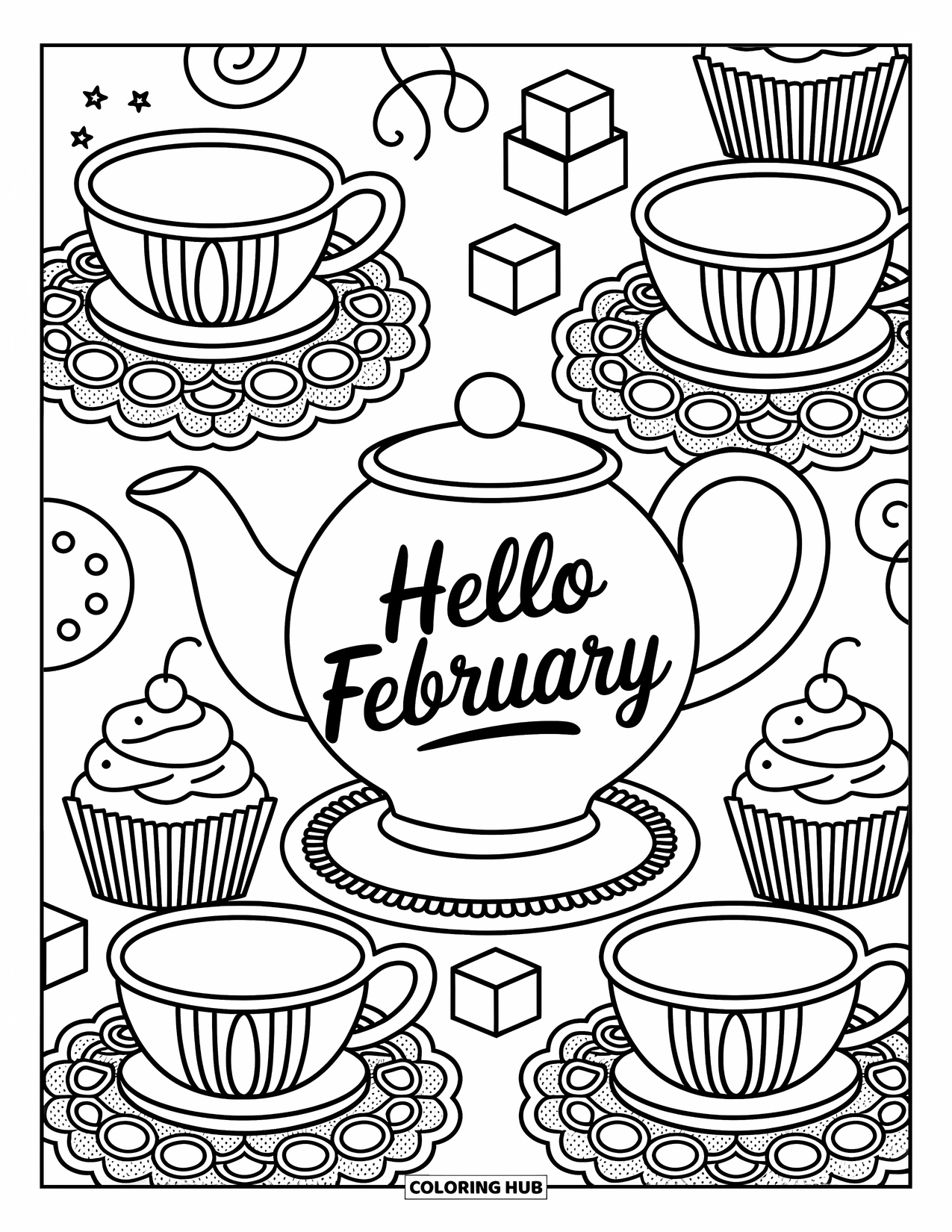 February Coloring Page for Adults: Playful teacups and sweets sit around a February teapot centerpiece