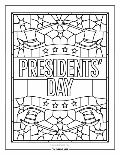 Coloriage de février pour adultes : Presidents' Day encadré d'étoiles en vitrail, de chapeaux hauts-de-forme et d'aigles
