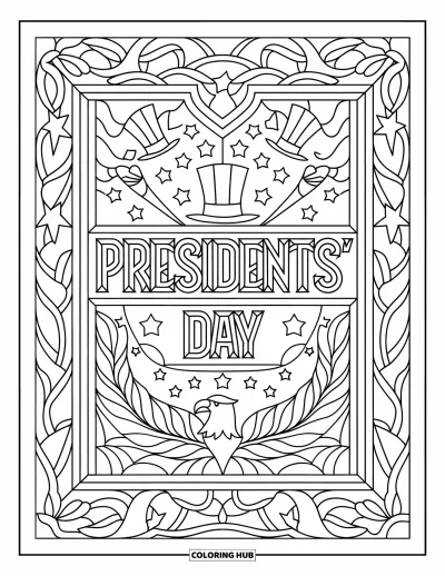 Coloriage de février pour adultes : Titre Presidents' Day entouré d'étoiles, d'aigles et de motifs élégants comme des rinceaux