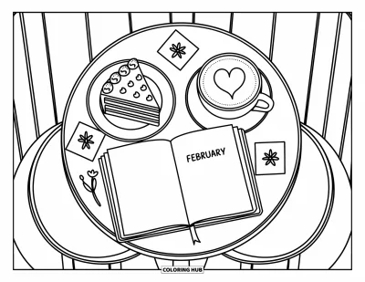Coloriage de février pour adultes : Une part de gâteau, un latte et un carnet créent un joli moment de café