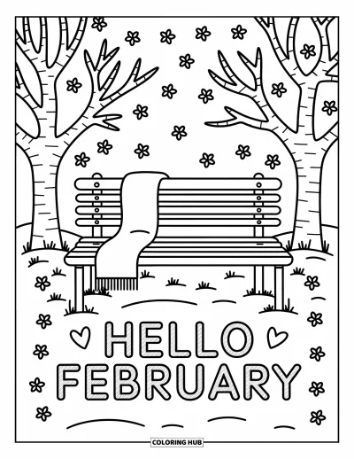 Coloriage de février pour adultes : Banc enneigé avec une écharpe et « Hello February » gravé dans la neige