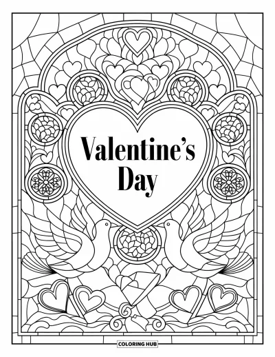 Coloriage de février pour adultes : Message de la Saint-Valentin encadré de chocolats, de lettres d'amour et de colombes en vitrail