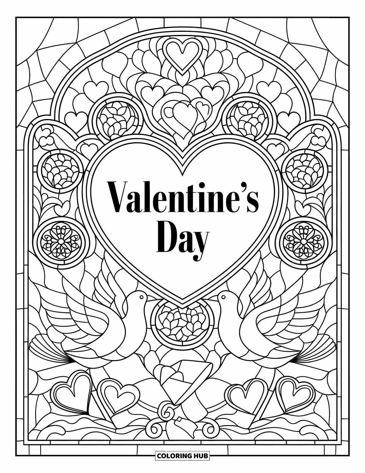 February Coloring Page for Adults: Valentine's Day message framed by chocolates, love letters, and stained glass doves
