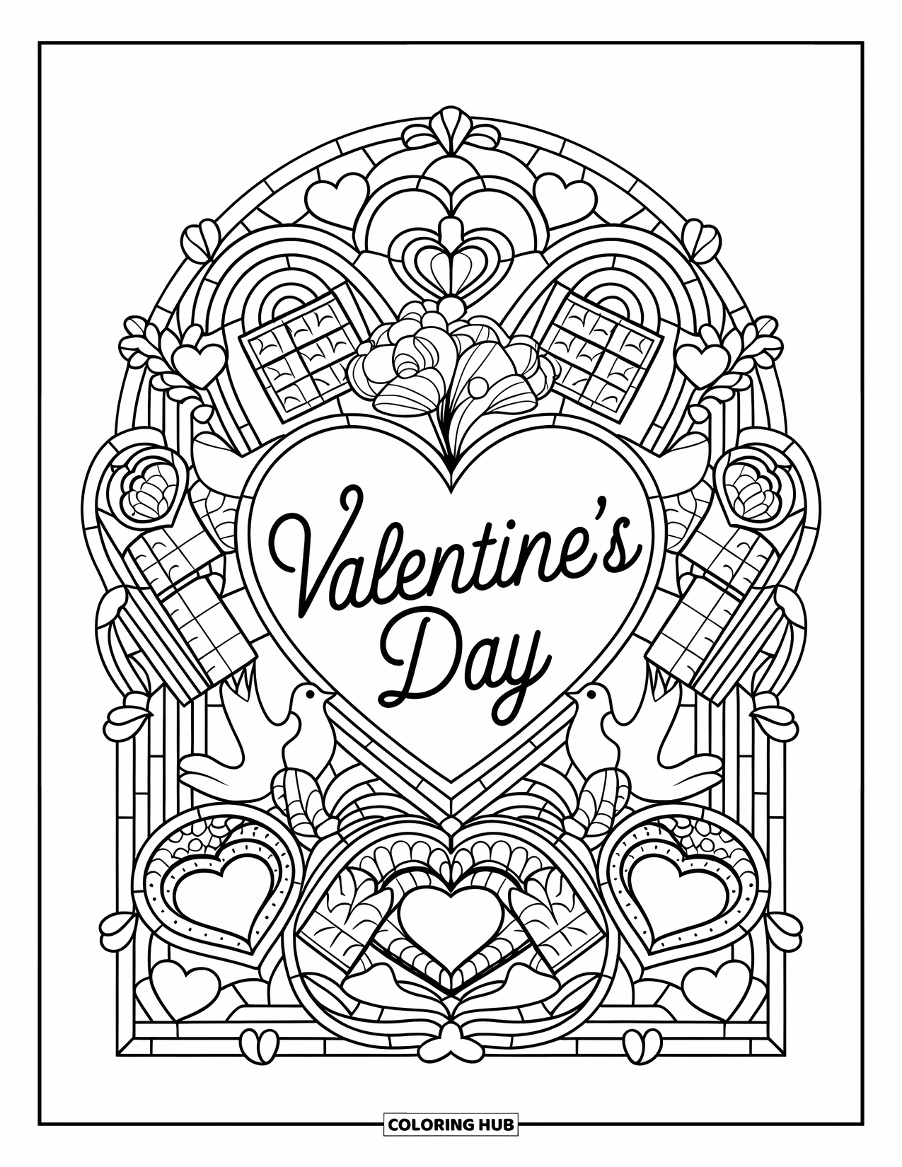 February Coloring Page for Adults: Valentine's Day text with stained glass hearts, sweets, and love symbols