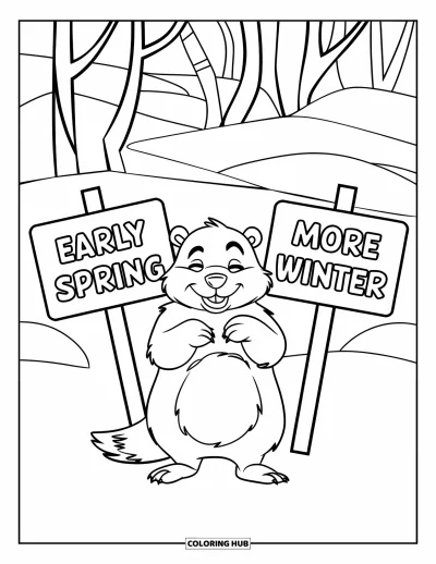 Coloriage de février pour enfants : Une marmotte debout entre des panneaux pour le printemps hâtif et plus d'hiver