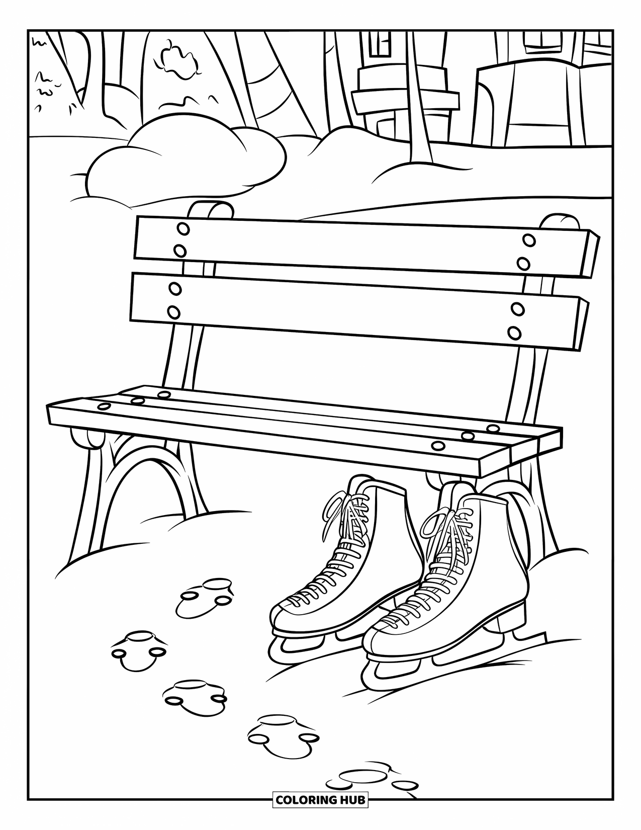 February Coloring Page for Kids: A pair of skates sits beside a snowy bench under the trees