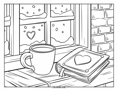 Coloriage de février pour enfants : Une fenêtre enneigée, un mug bien chaud et un beau livre créent une scène hivernale douillette