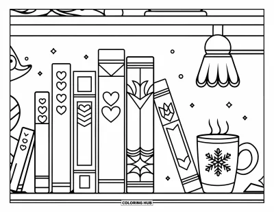 Coloriage de février pour enfants : Étagère avec des titres classiques, des marque-pages en cœur et un mug à flocon