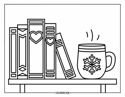 Coloriage de février pour enfants : Étagère avec des marque-pages en cœur et un mug à flocon à côté