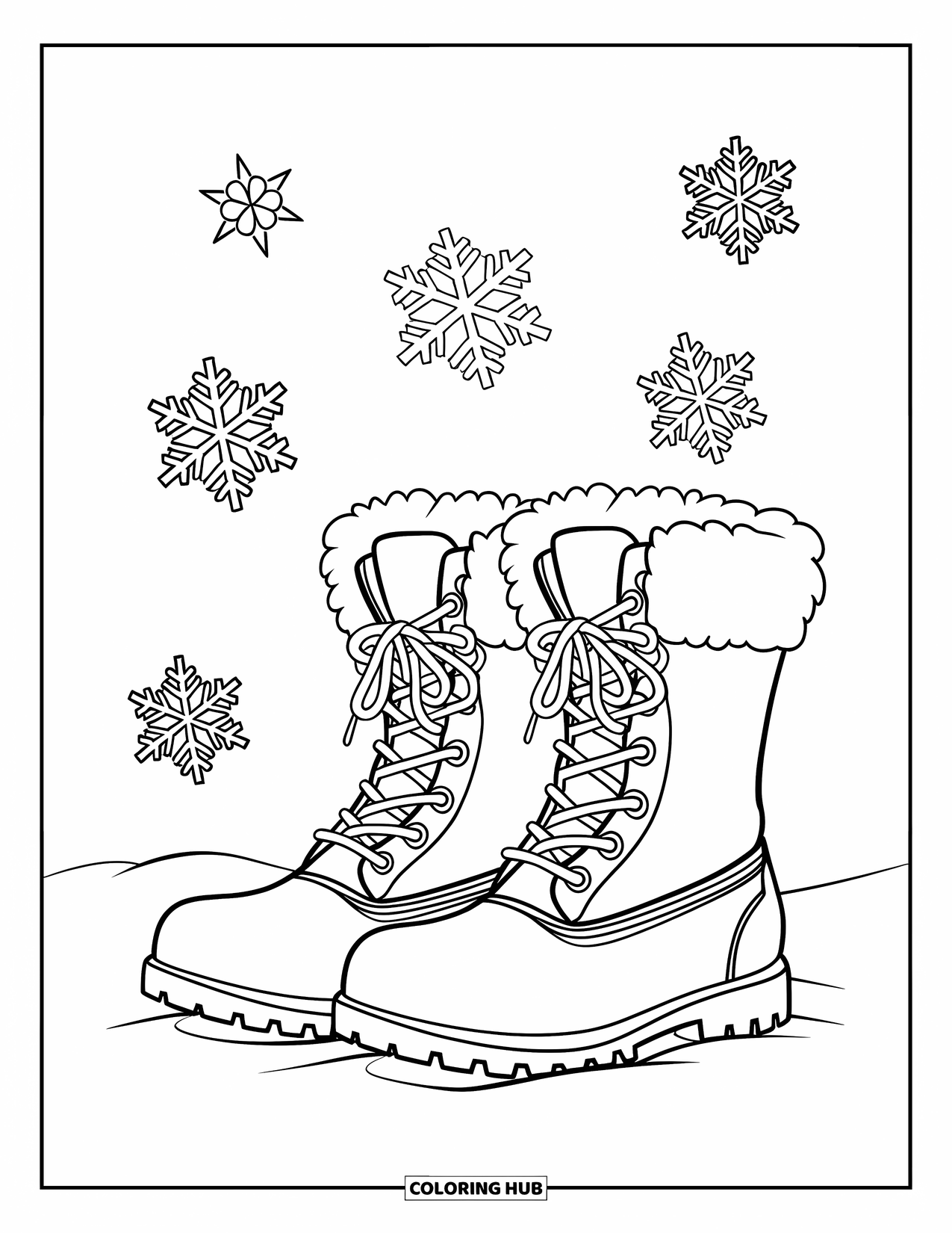 February Coloring Page for Kids: Boots in the snow surrounded by falling snowflakes