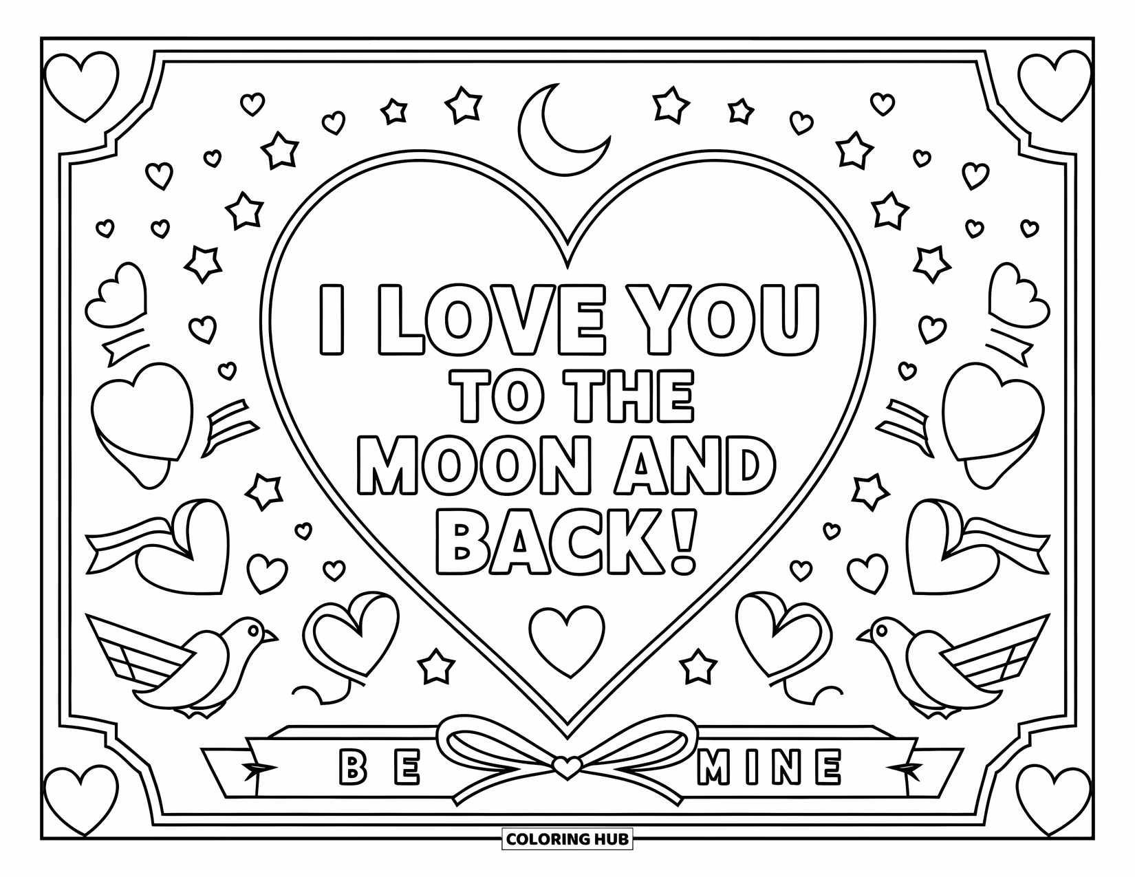 February Coloring Page for Kids: Card with "I love you to the moon" and cute heart decorations