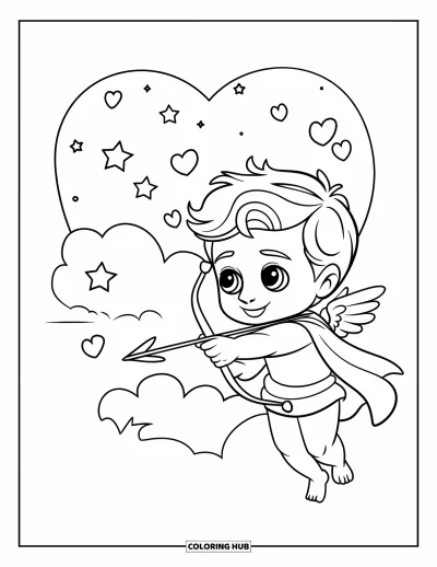 Coloriage de février pour enfants : Un Cupidon chibi vise un ciel rempli d'étoiles et de cœurs