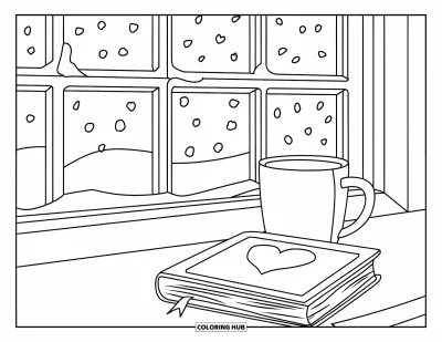 Coloriage de février pour enfants : Mug chaleureux et livre en forme de cœur près d'une fenêtre enneigée