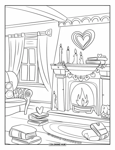 Coloriage de février pour enfants : Pièce chaleureuse avec cheminée, bougies, livres et guirlande de cœurs