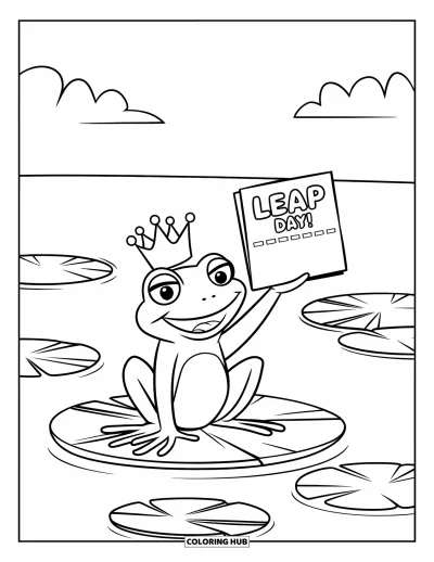Coloriage de février pour enfants : Grenouille couronnée sur un étang avec une pancarte Leap Day et un ciel nuageux