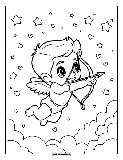 Coloriage de février pour enfants : Cupidon avec un arc visant un ciel rêveur d'étoiles et de cœurs