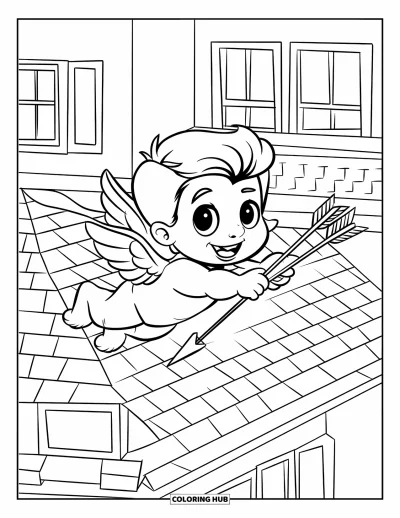 Coloriage de février pour enfants : Cupidon avec des flèches planant au-dessus de bâtiments et de fenêtres