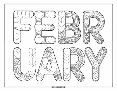 Coloriage de février pour enfants : Lettres FÉVRIER ornées de cœurs, de roses et de motifs doux pour la Saint-Valentin