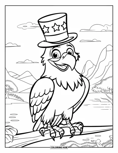 Coloriage de février pour enfants : Aigle portant un chapeau haut-de-forme debout sur une branche