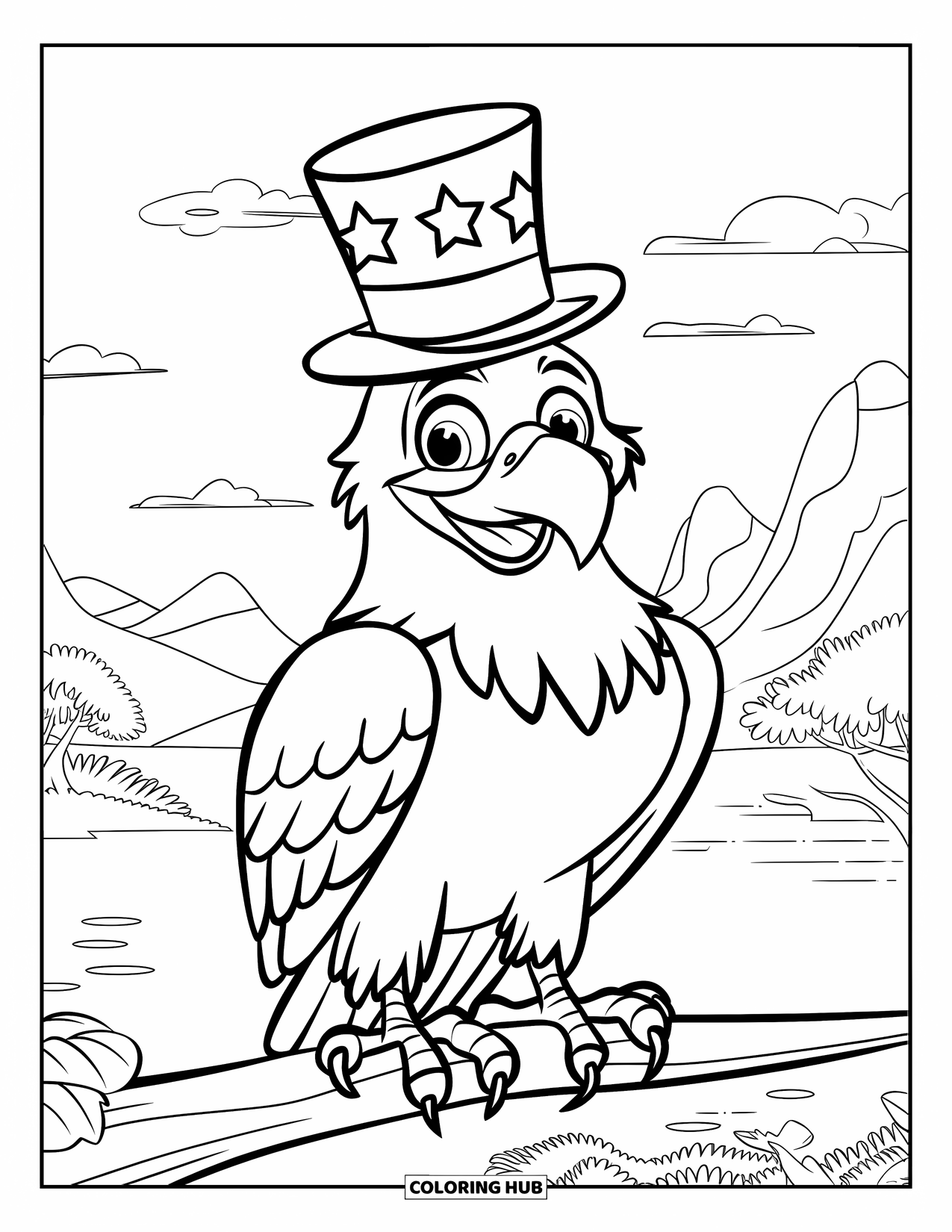 February Coloring Page for Kids: Eagle wearing a top hat standing on a branch
