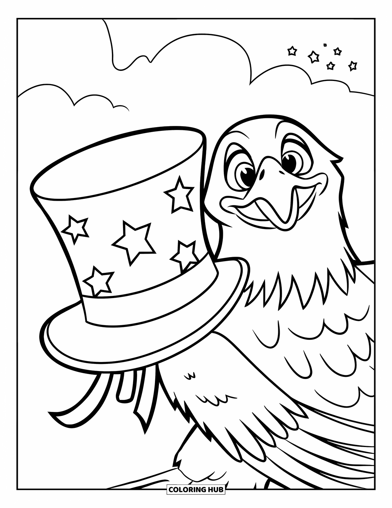 February Coloring Page for Kids: Eagle with open wings and a top hat under starry skies