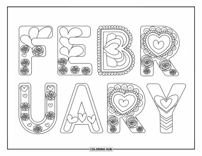 Coloriage de février pour enfants : FÉVRIER orné de dentelle, de roses et de cœurs superposés pour une ambiance Saint-Valentin