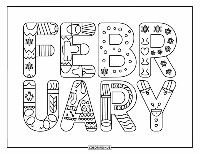 Coloriage de février pour enfants : Lettres FÉVRIER ornées de flocons, mitaines, mugs et objets hivernaux douillettement disposés