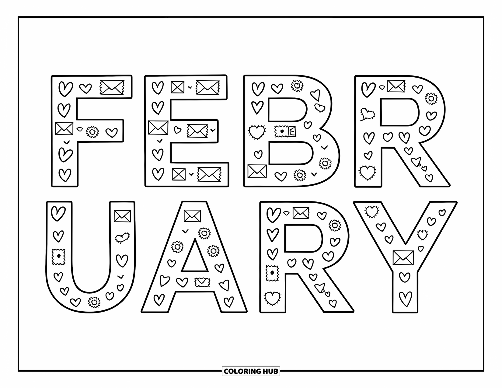 February Coloring Page for Kids: FEBRUARY made of envelopes, hearts, stamps, and sweet little love notes