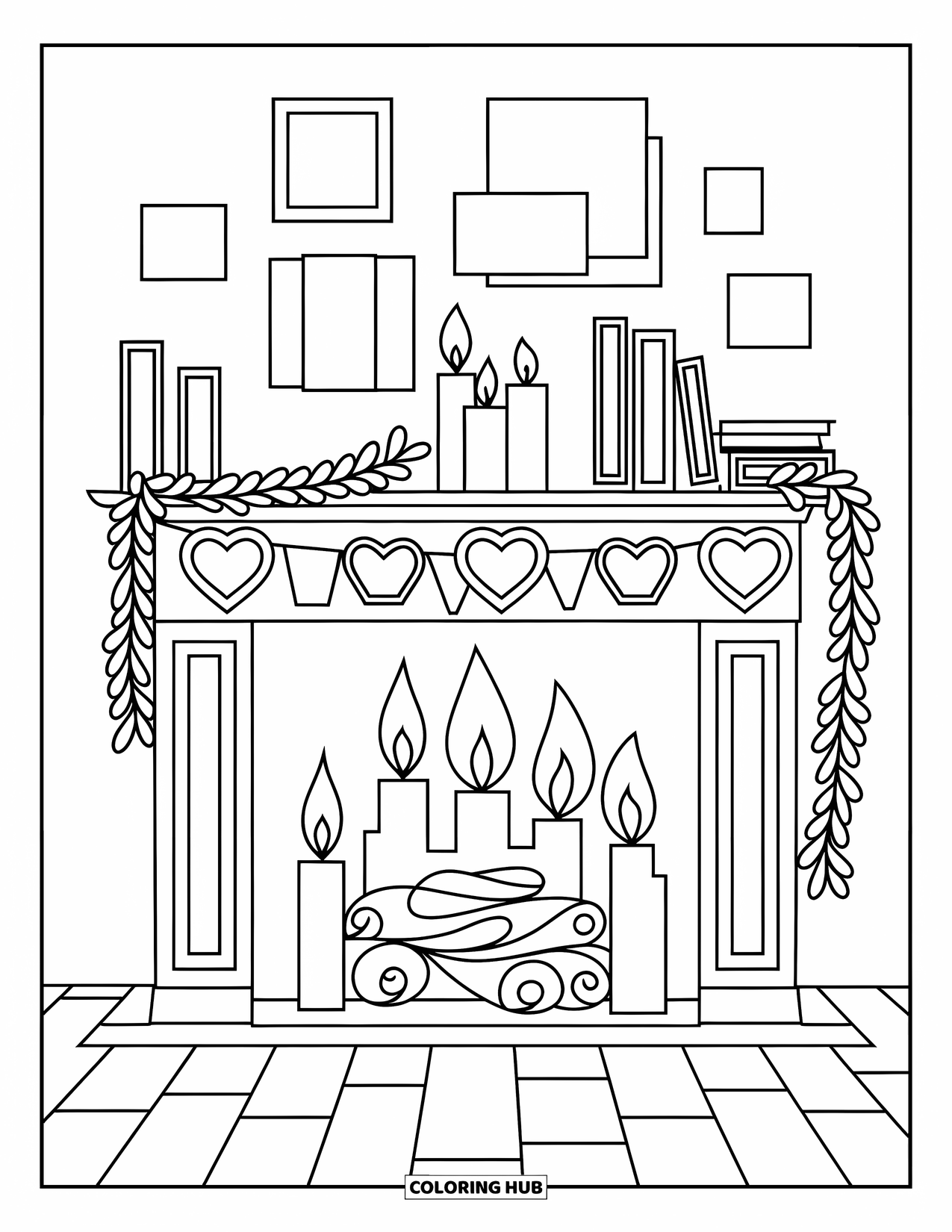 February Coloring Page for Kids: Fireplace with candles, books, and a heart garland for a cozy night