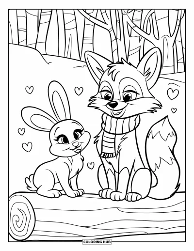 Coloriage de février pour enfants : Renard et lapin avec des cœurs dans une forêt enneigée