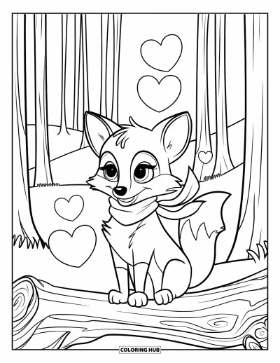 Coloriage de février pour enfants : Renard sur un tronc portant une écharpe entouré de cœurs