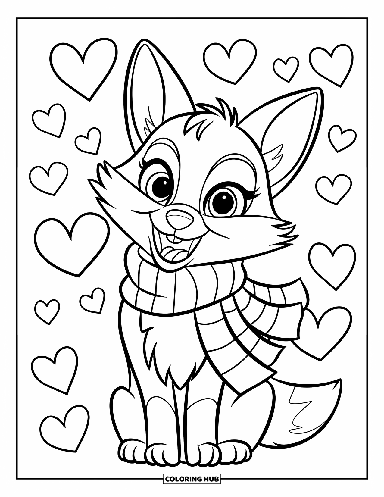 February Coloring Page for Kids: Fox or bunny wearing a scarf and surrounded by hearts