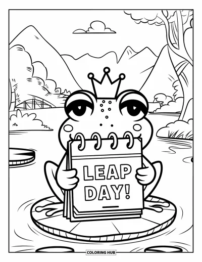 Coloriage de février pour enfants : Grenouille couronnée tenant une pancarte « Leap Day » sur un nénuphar