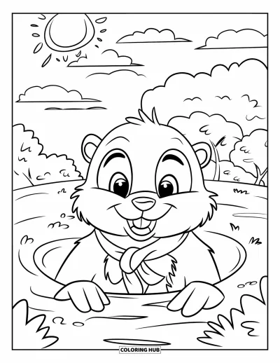Coloriage de février pour enfants : Marmotte en écharpe profitant du soleil et des arbres