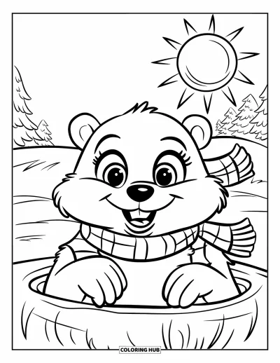 Coloriage de février pour enfants : Marmotte avec une écharpe qui émerge sous la neige