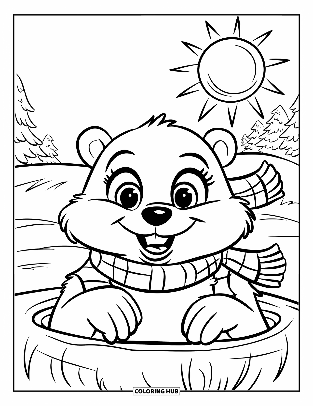 February Coloring Page for Kids: Groundhog with a scarf peeking out into a snowy day