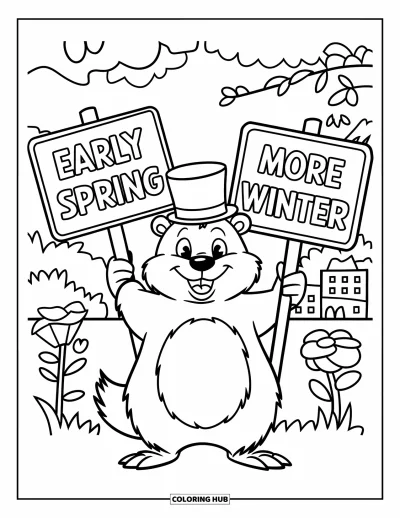 Coloriage de février pour enfants : Marmotte joyeuse en chapeau haut-de-forme avec des fleurs et des panneaux hivernaux