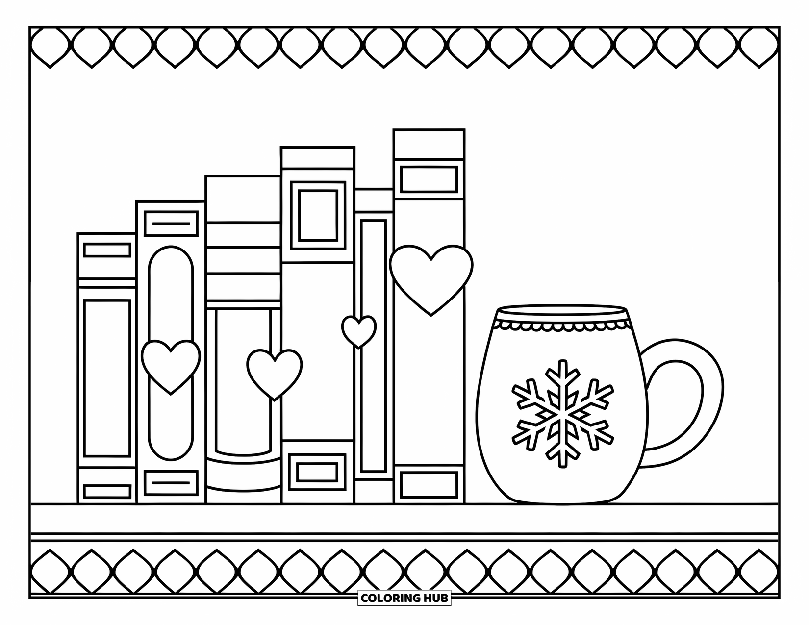 February Coloring Page for Kids: Heart bookmarks and a snowflake mug beside a decorative book shelf