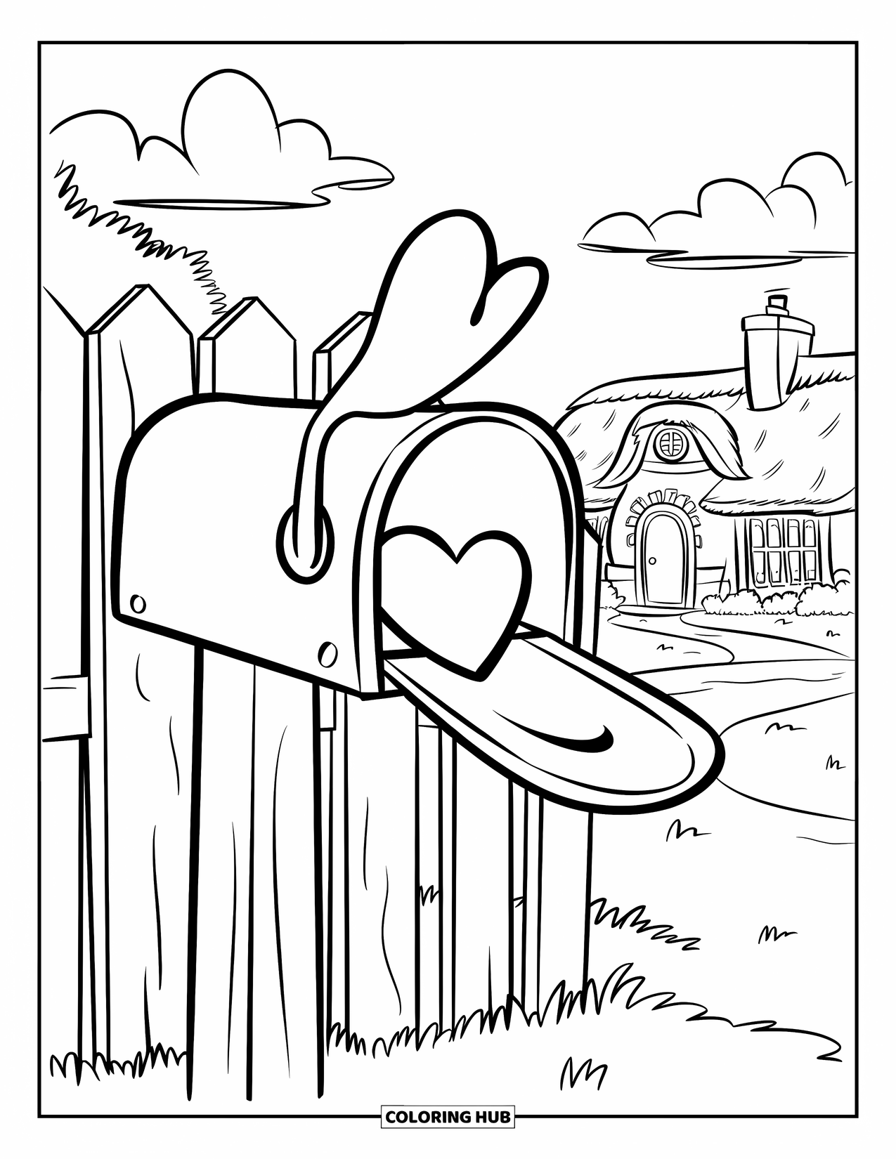 February Coloring Page for Kids: Heart-shaped letter in a mailbox near a fence and cottage