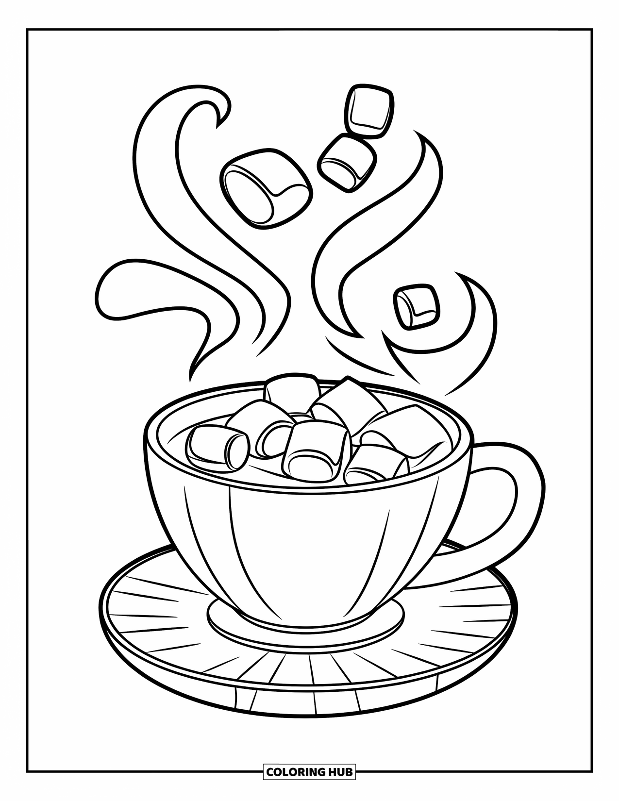 February Coloring Page for Kids: Hot cocoa with marshmallows and steam swirls