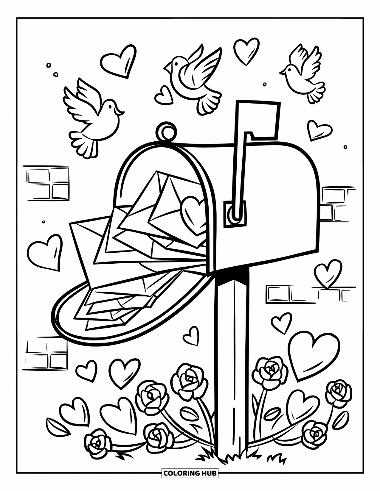 February Coloring Page for Kids: Mailbox full of Valentine cards, surrounded by hearts and roses